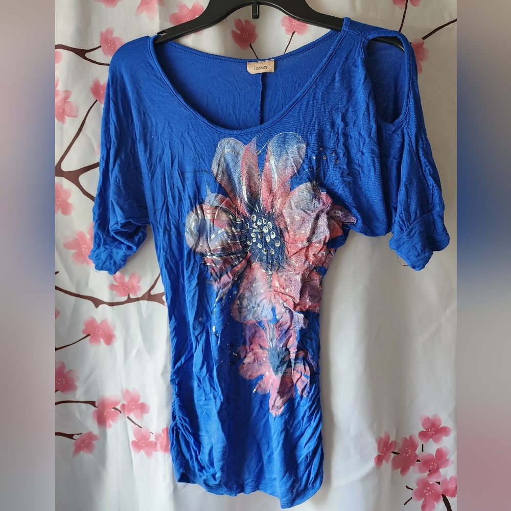 Cesem Blue Pink Silver Floral Cut Out Sleeve Cinched Tunic Dress Size Small